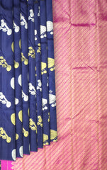 Navy Blue Kanchipuram Silk Saree with Musical Instrument Motifs – A Symphony in Silk