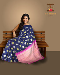 Navy Blue Kanchipuram Silk Saree with Musical Instrument Motifs – A Symphony in Silk