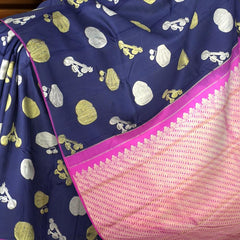 Navy Blue Kanchipuram Silk Saree with Musical Instrument Motifs – A Symphony in Silk