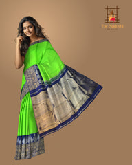 Lime Green Kanchipuram Silk Saree with Dark Blue Border – A Fresh Take on Classic Weaves