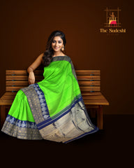 Lime Green Kanchipuram Silk Saree with Dark Blue Border – A Fresh Take on Classic Weaves