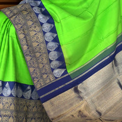Lime Green Kanchipuram Silk Saree with Dark Blue Border – A Fresh Take on Classic Weaves
