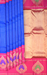Blue Kanchipuram Silk Saree with Checks and Motif Border – Tradition Framed in Geometry