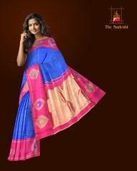 Blue Kanchipuram Silk Saree with Checks and Motif Border – Tradition Framed in Geometry