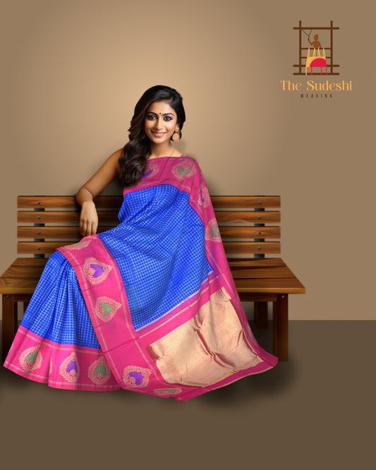 Blue Kanchipuram Silk Saree with Checks and Motif Border – Tradition Framed in Geometry