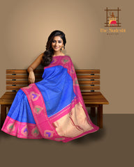 Blue Kanchipuram Silk Saree with Checks and Motif Border – Tradition Framed in Geometry