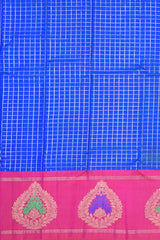 Blue Kanchipuram Silk Saree with Checks and Motif Border – Tradition Framed in Geometry