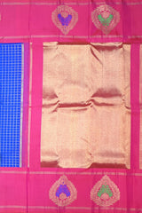 Blue Kanchipuram Silk Saree with Checks and Motif Border – Tradition Framed in Geometry