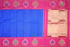 Blue Kanchipuram Silk Saree with Checks and Motif Border – Tradition Framed in Geometry
