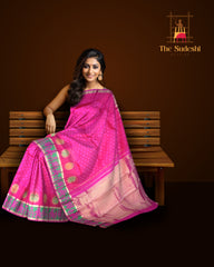 Pink Jacquard Kanchipuram Silk Saree with Elephant Border – Grace Woven in Royal Motifs