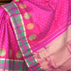 Pink Jacquard Kanchipuram Silk Saree with Elephant Border – Grace Woven in Royal Motifs
