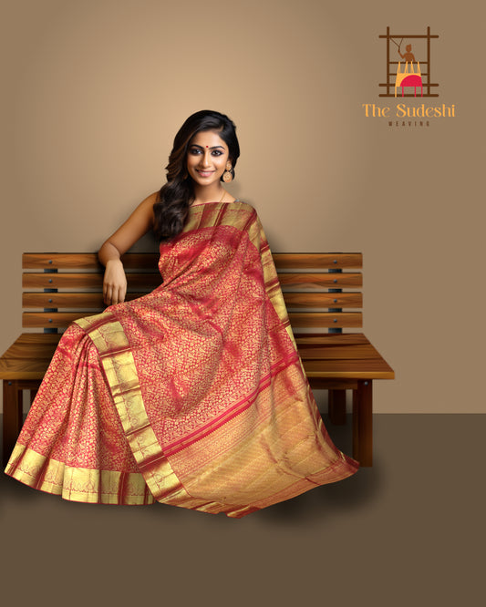 Red Kanchipuram Silk Saree with Zari Floral and Parrot Brocade – A Statement of Tradition and Festivity