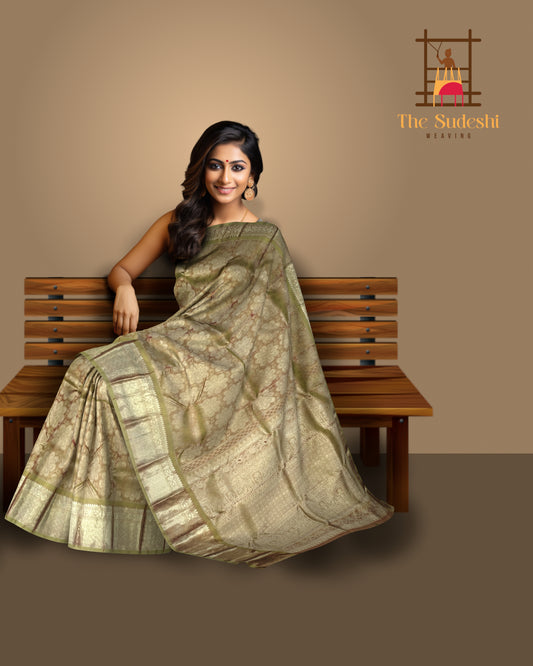 Light Brown Floral Motif Kanchipuram Silk Saree – Understated Grace in Earthy Tones