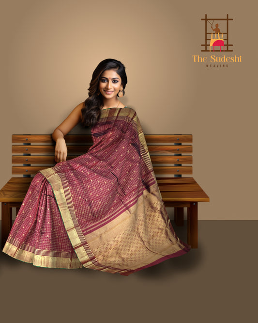 Maroon Kanchipuram Silk Saree with Mango Motif Checks and Annam Border – A Drape of Tradition and Divinity
