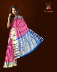 Bright Pink Kanchipuram Silk Saree with Horizontal Stripes and Royal Blue Veldhari Border – Bold, Bright, and Beautiful