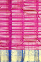 Bright Pink Kanchipuram Silk Saree with Horizontal Stripes and Royal Blue Veldhari Border – Bold, Bright, and Beautiful