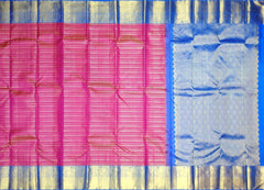 Bright Pink Kanchipuram Silk Saree with Horizontal Stripes and Royal Blue Veldhari Border – Bold, Bright, and Beautiful