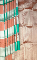 Peach and Sea Green Block Checks Kanchipuram Silk Saree – A Playful Symphony of Pastels and Heritage