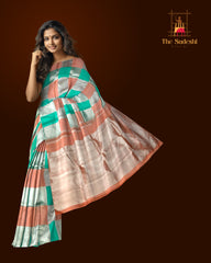 Peach and Sea Green Block Checks Kanchipuram Silk Saree – A Playful Symphony of Pastels and Heritage