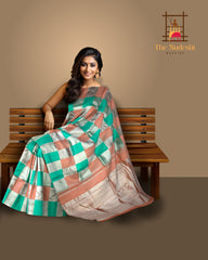 Peach and Sea Green Block Checks Kanchipuram Silk Saree – A Playful Symphony of Pastels and Heritage