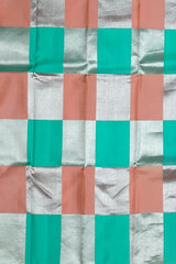 Peach and Sea Green Block Checks Kanchipuram Silk Saree – A Playful Symphony of Pastels and Heritage