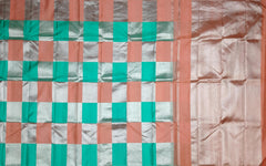 Peach and Sea Green Block Checks Kanchipuram Silk Saree – A Playful Symphony of Pastels and Heritage