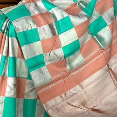 Peach and Sea Green Block Checks Kanchipuram Silk Saree – A Playful Symphony of Pastels and Heritage
