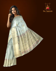 Off-White Kanchipuram Silk Saree with Meenakari Mango and Annam Motifs – A Divine Union of Elegance and Heritage