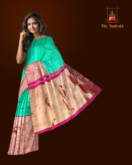 Sea Green Kanchipuram Silk Saree with Long Floral Wave Design Border – Nature-Inspired Elegance in Every Drape