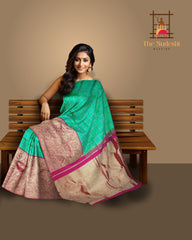 Sea Green Kanchipuram Silk Saree with Long Floral Wave Design Border – Nature-Inspired Elegance in Every Drape