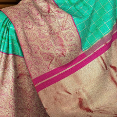 Sea Green Kanchipuram Silk Saree with Long Floral Wave Design Border – Nature-Inspired Elegance in Every Drape