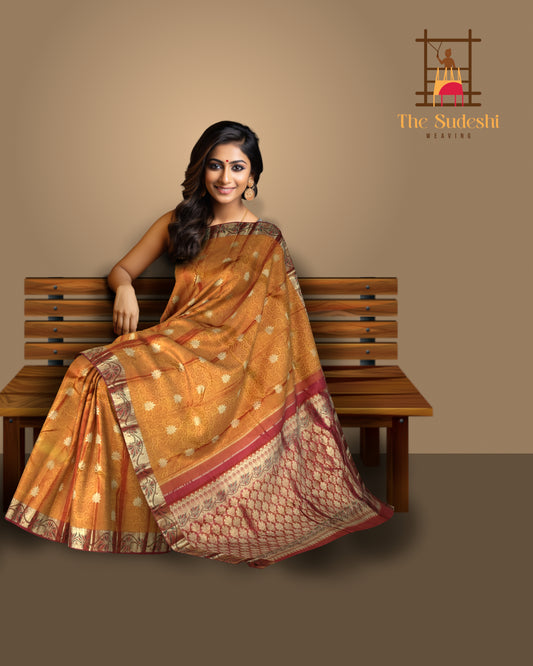 Rust Orange Kanchipuram Silk Saree with Red Floral Jacquard – A Fiery Expression of Tradition and Elegance