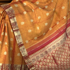 Rust Orange Kanchipuram Silk Saree with Red Floral Jacquard – A Fiery Expression of Tradition and Elegance