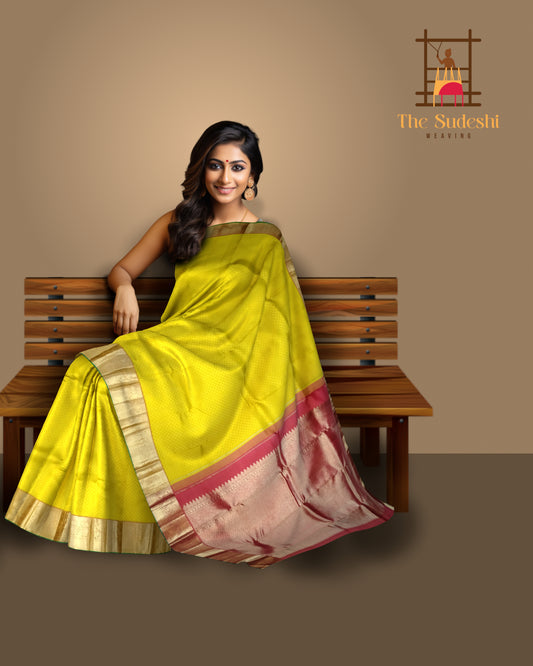 Lemon Yellow Kanchipuram Silk Saree with Red Border and Green Selvedge – A Refreshing Twist on Timeless Tradition