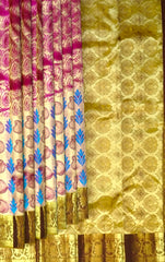 Pink and Blue Threadwork Meenakari Kanchipuram Silk Saree with Mustard Border