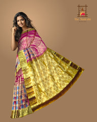 Pink and Blue Threadwork Meenakari Kanchipuram Silk Saree with Mustard Border