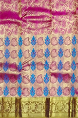 Pink and Blue Threadwork Meenakari Kanchipuram Silk Saree with Mustard Border