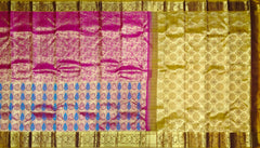 Pink and Blue Threadwork Meenakari Kanchipuram Silk Saree with Mustard Border