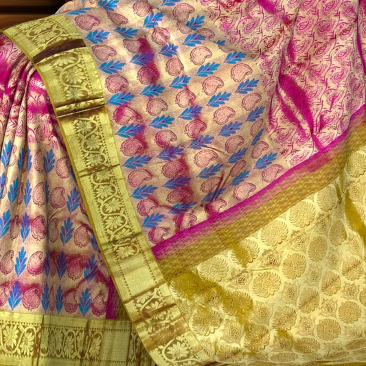Pink and Blue Threadwork Meenakari Kanchipuram Silk Saree with Mustard Border