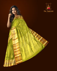 Dual-Tone Greenish Yellow Bhutta Kanchipuram Silk Saree with Self Border