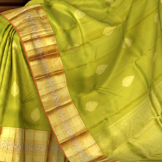 Dual-Tone Greenish Yellow Bhutta Kanchipuram Silk Saree with Self Border