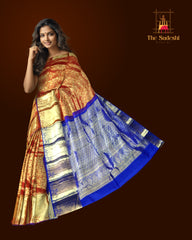 Red Kanchipuram Silk Saree with Royal Blue Elephant and Floral Jaquard