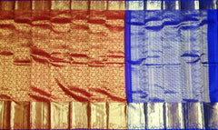 Red Kanchipuram Silk Saree with Royal Blue Elephant and Floral Jaquard