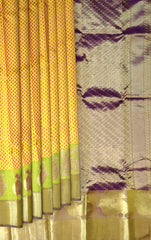 Mustard Yellow Mango Jaquard Kanchipuram Silk Saree with Green Border