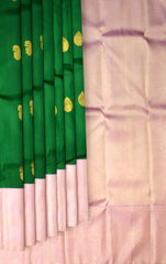 Dark Green Annam Bhutta Kanchipuram Silk Saree with Light Pink Pallu
