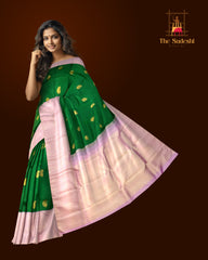 Dark Green Annam Bhutta Kanchipuram Silk Saree with Light Pink Pallu
