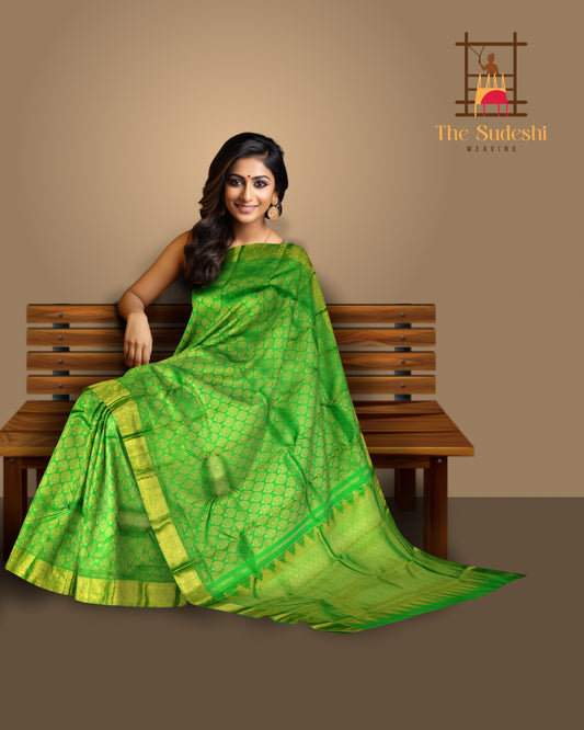 Parrot Green Jaquard Kanchipuram Silk Saree with Tear Motifs