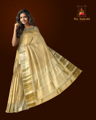 Sandalwood-Colored Vertical Bhutta Kanchipuram Silk Saree