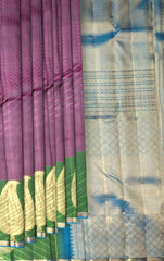 Plum Mango Motif Kanchipuram Silk Saree with Green Border and Blue Pallu