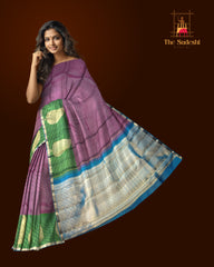 Plum Mango Motif Kanchipuram Silk Saree with Green Border and Blue Pallu
